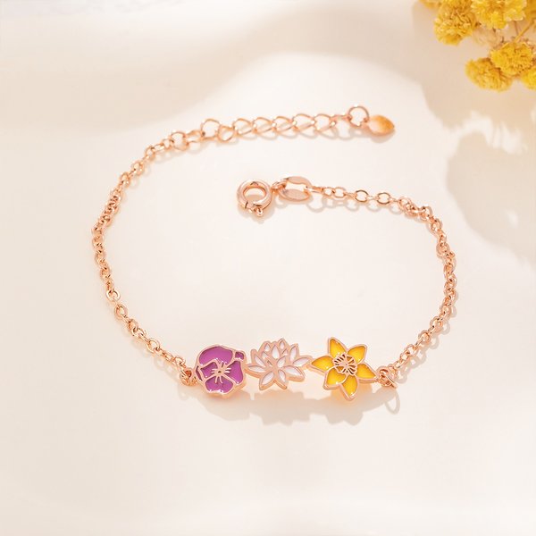 Bracelet de Fleurs de Naissance en Émail Métal Personnalisé avec Nom Réglable Cadeau d'Anniversaire pour Maman et Grand-Mère