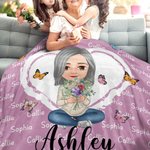 Personalised Multicolour Heart Cartoon Mom Grandma Birth Flower Bouquet Throw Blanket with Name Home Decor Birthday Christmas Gift for Women