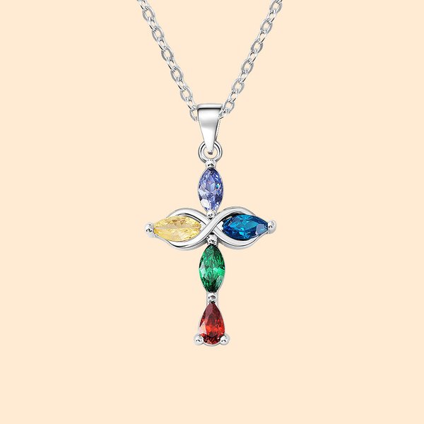 Personalized Mobius Infinite Cross Necklace with 5 Birthstones Minimalist Christian Jewelry Birthday Baptism Christmas Gift for Women