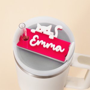 Gepersonaliseerde Nieuwsgierige Piepende Kat Glitter Acryl Tumbler Naam Plaat Tag Schattige Accessoires voor Stanley Verjaardagscadeau voor Cat Mama H