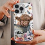 Personligt söt akvarell Highland Cow Slim Phone Case för iPhone med namn Födelsedag Julklapp för Highland Cow Lovers