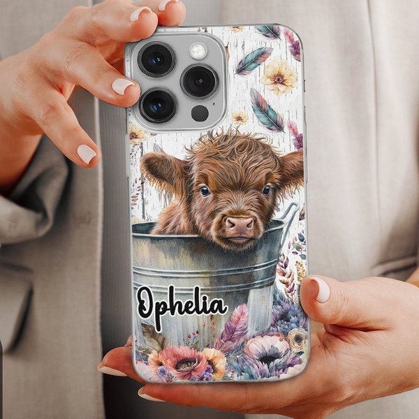 Personalised Cute Watercolor Highland Cow Slim Phone Case for iPhone with Name Birthday Christmas Gift for Highland Cow Lovers