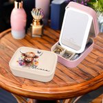 Personalized Cute Floral Highland Cow Jewelry Box with Name and LED Three-color Adjustable Makeup Mirror Birthday Gift for Women Highland Cow Lovers