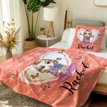Personalised Multicolour Heart Cartoon Mom Grandma Birth Flower Bouquet Throw Blanket with Name Home Decor Birthday Christmas Gift for Women