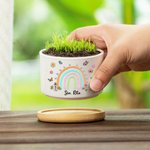 Vaso per Piante Personalizzato con Nome in Ceramica e Base in Bambù Regalo di Apprezzamento per Amanti delle Farfalle Arcobaleno