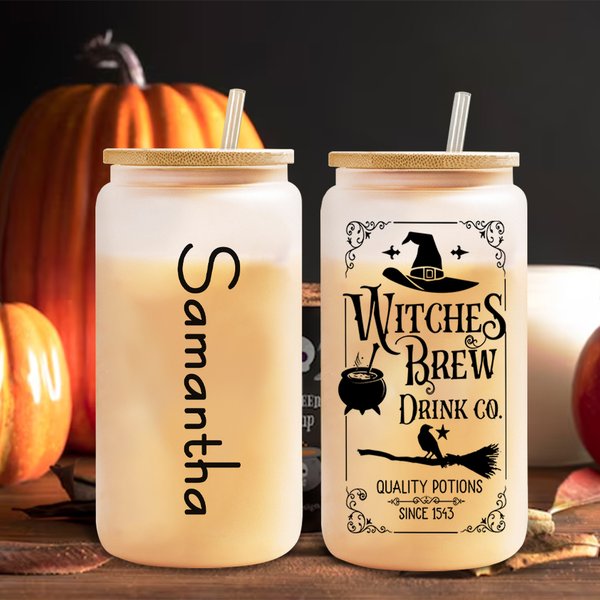 Personalized Witches Brew Drink Co Frosted Glass Tumbler Skinny Tumbler with Name Lid and Straw Birthday Halloween Gift for Family