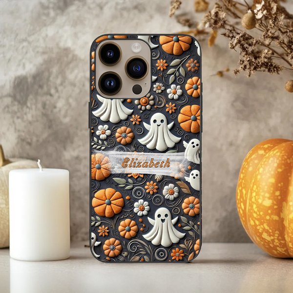 Coque personnalisée en 3D avec effet relief Fantôme Citrouille Fleur Toile d'araignée pour iPhone avec nom Cadeau d'Halloween pour Famille Ami