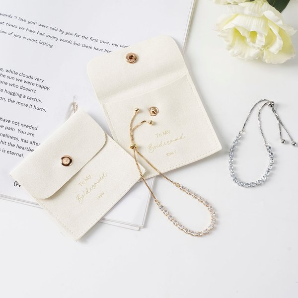 Personalized Dainty Cubic Zircon Adjustable Tennis Bracelet Leather Button Jewellery Pouch Set with Name Wedding Bridal Party Favors for Bridesmaids