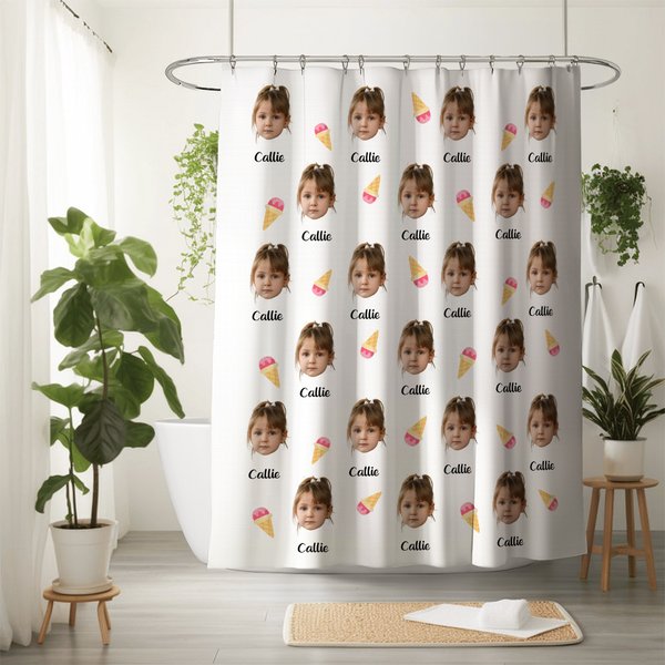 Personalised Multicolour Heart Ice Cream Waterproof Photo Name Shower Curtain with 12 Rust-Proof Grommets Bathroom Decor Birthday Gift for Family Kids