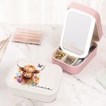 Personalized Cute Floral Highland Cow Jewelry Box with Name and LED Three-color Adjustable Makeup Mirror Birthday Gift for Women Highland Cow Lovers