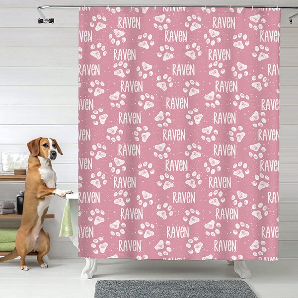 Personalised Multicolour Cute Dog Cat Pawprint Waterproof Shower Curtain with Name and 12 Rust Proof Grommets Birthday Housewarming Gift for Pet Lovers