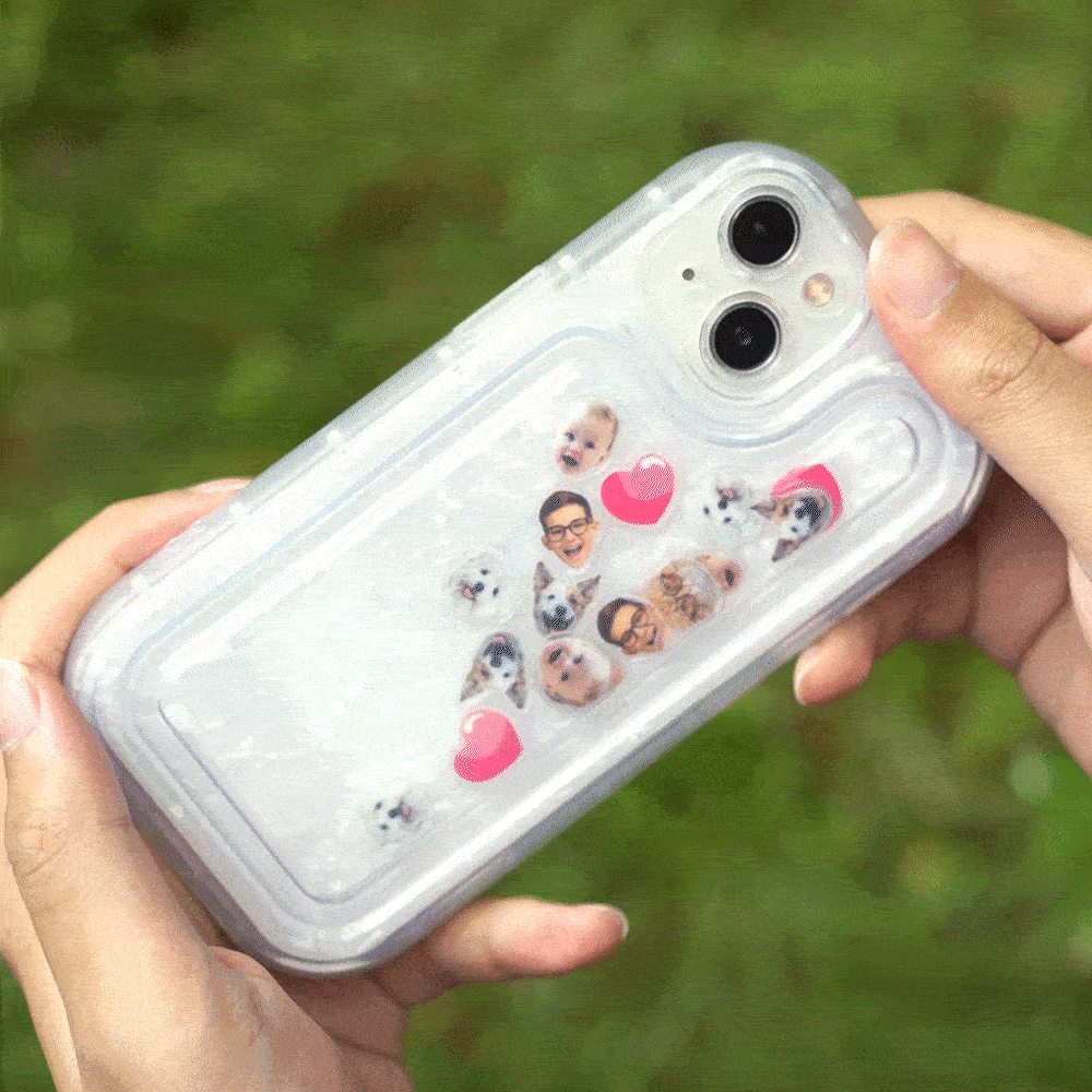 Gepersonaliseerd Shell-patroon Grappig Shaker Assembleerbaar Telefoonhoesje met Gezichtsfoto en Hart Schudbedeltjes voor iPhone Verjaardagsgeschenk voor Familie Vrienden