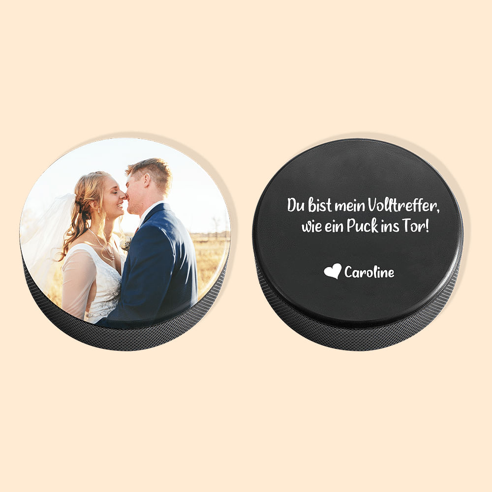 Personalisierter Hockey Puck mit Foto und Text Hochzeit Geburtstag Geschenk für Hockeybegeisterte Paare