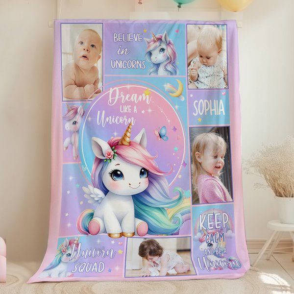 Spersonalizowany kolaż ze zdjęciem jednorożca Miękki koc do rzucania z imieniem Sofa Dekoracja Baby Shower Prezent urodzinowy dla małych dziewczynek
