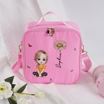 Personalized Cute Cartoon Character Birth Flower Insulated Lunch Bag with Name & Handle Portable School Travel Picnic Gift for Kids Family