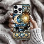 Personalized Celestial Sun Moon Star Stained Glass Effect Slim Phone Case for iPhone with Name Birthday Gift for Mysticaism Astronomy Lovers