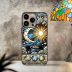 Personalized Celestial Sun Moon Star Stained Glass Effect Slim Phone Case for iPhone with Name Birthday Gift for Mysticaism Astronomy Lovers