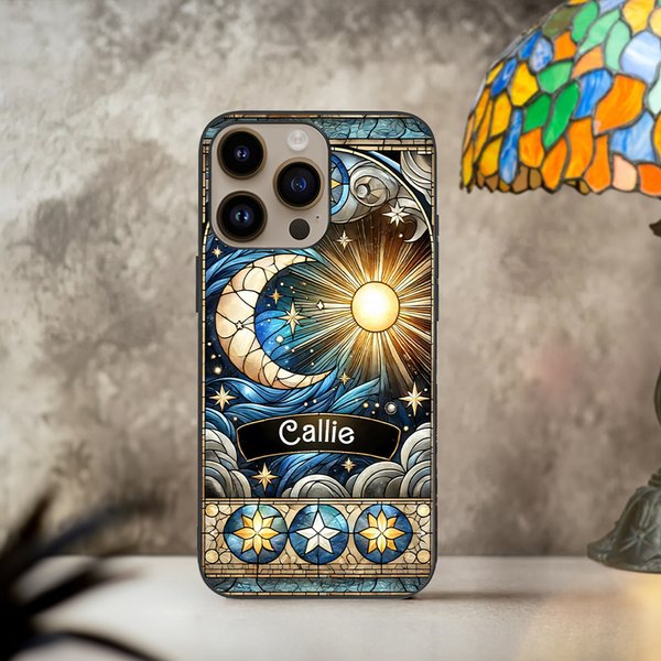 Personalized Celestial Sun Moon Star Stained Glass Effect Slim Phone Case for iPhone with Name Birthday Gift for Mysticaism Astronomy Lovers