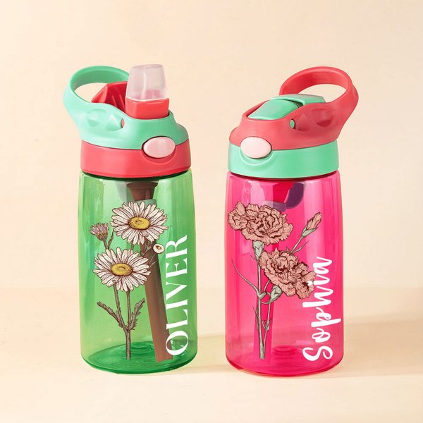 Personalised Birth Flower Name 16 oz Kid Water Bottle with Silicone Straw and Handle Birthday Back to School Gift for Boys Girls