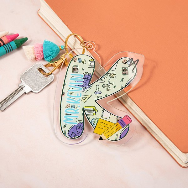 Personalized Pencil Apple Design Acrylic Initial Keychain with Name Birthday Appreciation Thank You Gift for Teacher