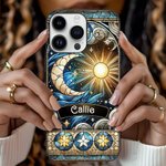 Personalized Celestial Sun Moon Star Stained Glass Effect Slim Phone Case for iPhone with Name Birthday Gift for Mysticaism Astronomy Lovers