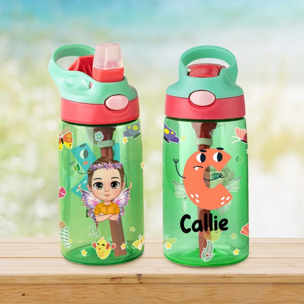 Personalized Cartoon Character Birth Flower Name Kid Water Bottle with Silicone Straw and Handle Birthday Gift for Boys Girls
