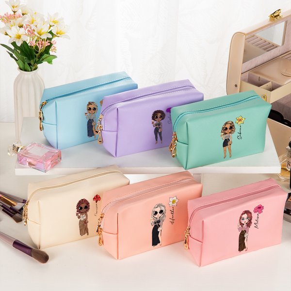 Pochette de maquillage en cuir PU avec nom Anniversaire Fête de mariage Cadeau pour les femmes