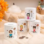 Personalised Cute Cartoon Character Birth Flower Ceramic Money Box with Name Birthday Children's Day Gift for Kids