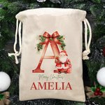 Personalised Santa Initial Merry Christmas Sack Drawstring Treat Bag with Name Christmas Party Favor Gift for Kids Family