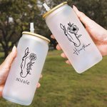 Personalized Horse and Birth Flower 20oz Name Glass Tumbler with Bamboo Lid and Straw Birthday Gift for Horse Lovers