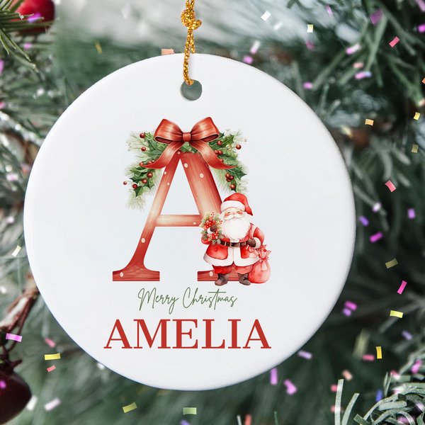 Personalizado Feliz Navidad Santa Claus Adorno de cerámica con nombre e inicial Decoración del árbol de Navidad Regalo para la familia amigo