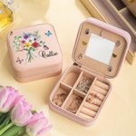 Personalisierte 1-8 Familie Geburt Blume Bouquet Portable Leder Name Schmuck-Box mit Spiegel Reisezubehör Geburtstag Geschenk für Frauen