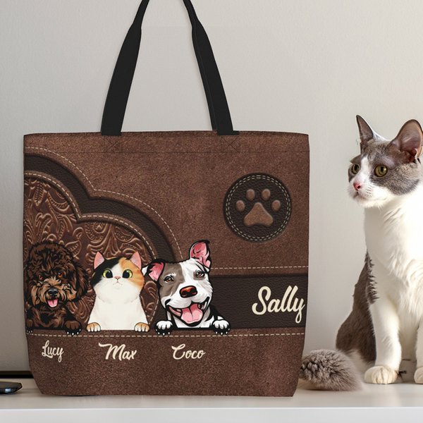 Personalized Retro Pattern Cartoon 1-6 Dogs Cats Paw Print Large Tote Bag with Name Birthday Gift for Pet Lover