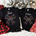 Personalized Colored Lights Coquette Bow Matching Kid Adult T-shirt Sweatshirt with Name Birthday Christmas Gift for Family
