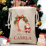 Personalised Santa Initial Merry Christmas Sack Drawstring Treat Bag with Name Christmas Party Favor Gift for Kids Family