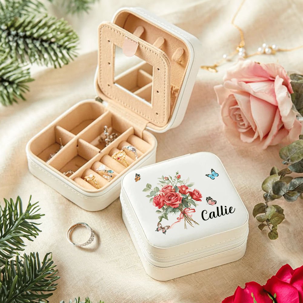 Personalisierte 1-8 Familie Geburt Blume Bouquet Portable Leder Name Schmuck-Box mit Spiegel