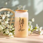 Personalized Horse and Birth Flower 20oz Name Glass Tumbler with Bamboo Lid and Straw Birthday Gift for Horse Lovers