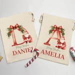 Personalised Santa Initial Merry Christmas Sack Drawstring Treat Bag with Name Christmas Party Favor Gift for Kids Family