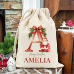 Personalised Santa Initial Merry Christmas Sack Drawstring Treat Bag with Name Christmas Party Favor Gift for Kids Family