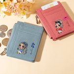 Personalized Cartoon Girl Birth Flower Portable Genuine Leather Wallet with Name Card Holder Birthday Anniversary Gift for Women
