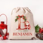 Personalised Santa Initial Merry Christmas Sack Drawstring Treat Bag with Name Christmas Party Favor Gift for Kids Family