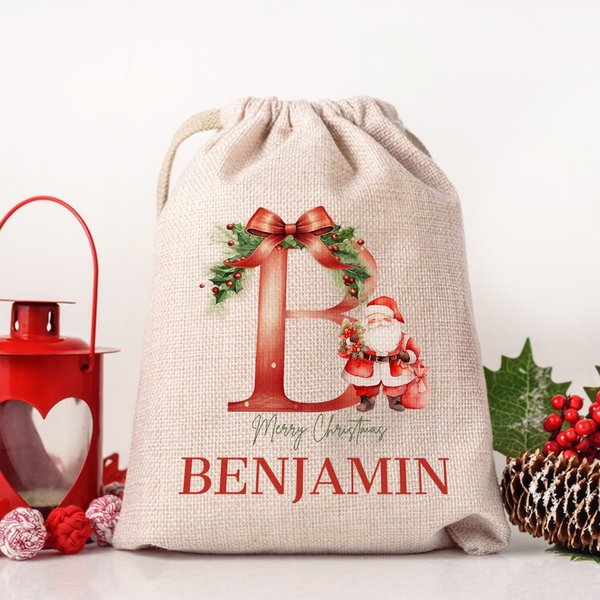 Personalised Santa Initial Merry Christmas Sack Drawstring Treat Bag with Name Christmas Party Favor Gift for Kids Family