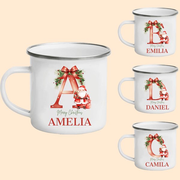 Personalised Santa Initial Merry Christmas 11oz Enamel Mug with Name Christmas Party Favor Gift for Kids Family