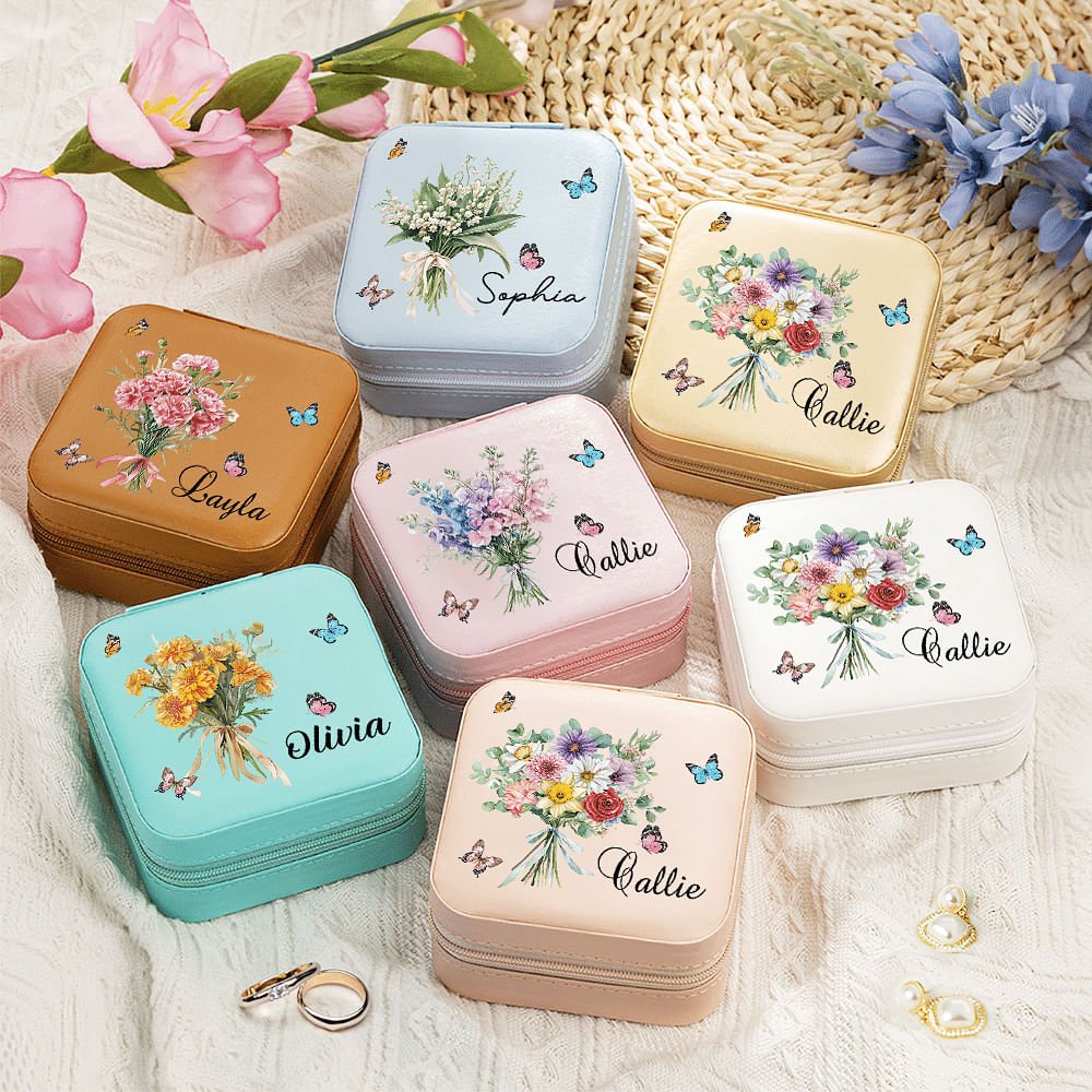 Personalisierte 1-8 Familie Geburt Blume Bouquet Portable Leder Name Schmuck-Box mit Spiegel