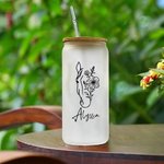 Personalized Horse and Birth Flower 20oz Name Glass Tumbler with Bamboo Lid and Straw Birthday Gift for Horse Lovers
