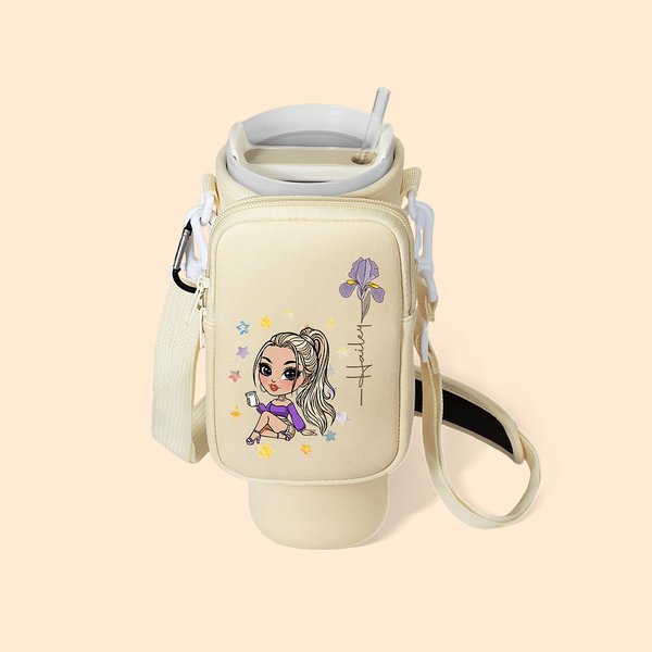 Personalised Cartoon Character Birth Flower Water Bottle Carrier Bag for 40oz Tumbler with Name and Removable Pouch Birthday Gift for Women