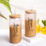Personalized Horse and Birth Flower 20oz Name Glass Tumbler with Bamboo Lid and Straw Birthday Gift for Horse Lovers