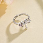 Personalised Double Heart Birthstone Cross Ring with Engraved Text Dainty Christian Jewellery Birthday Baptism Christmas Gift for Women