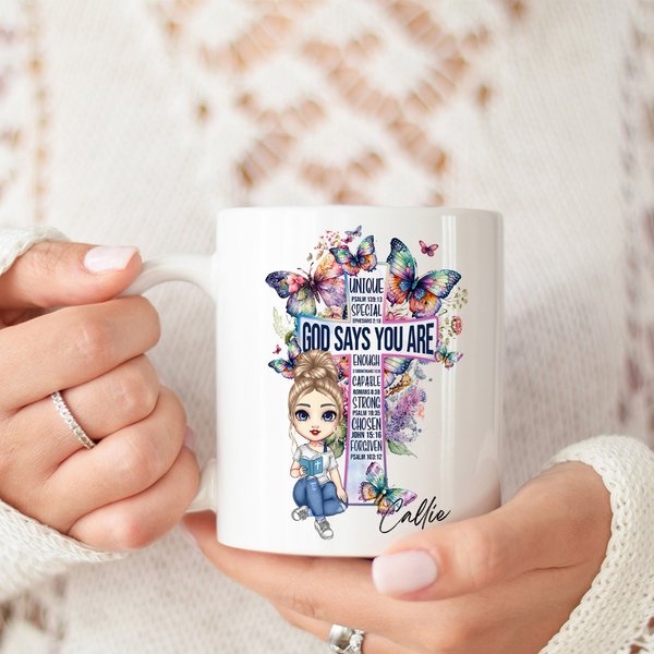 Personalizada Cartoon Character God Says You Are Cross Butterfly Taza de Cerámica con Nombre Cumpleaños Regalo de Navidad para Cristianos