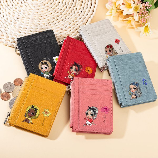 Portefeuille personnalisé en cuir véritable avec porte-carte à nom pour fille de dessin animé, fleur de naissance, anniversaire, cadeau pour femme